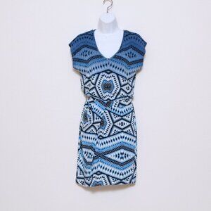 Tart Abstrac Print V Neck Short Sleeve Mini Dress Blue Women XS